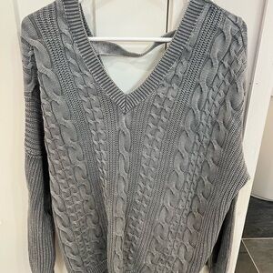 Gray Cable Knit V-Neck Sweater